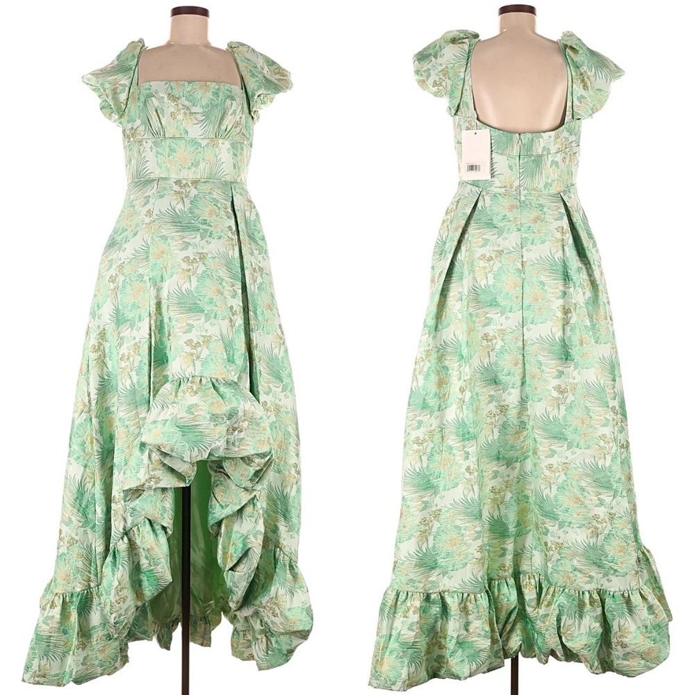 Mac Duggal Size 4 Green Gold Floral Brocade Ruffled Bubble Hem Gown Maxi Dress - Picture 6 of 6